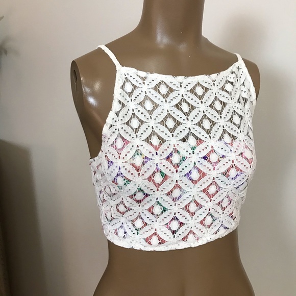 Free People Tops - FREE PEOPLE Lace FLORAL Summer HALTER Top w BOW